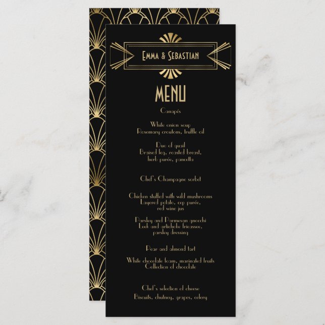 Black & goldart deco fam pattern Wedding  Menu (Front/Back)