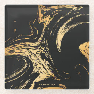 Black & Golden Abstract Glass Coaster