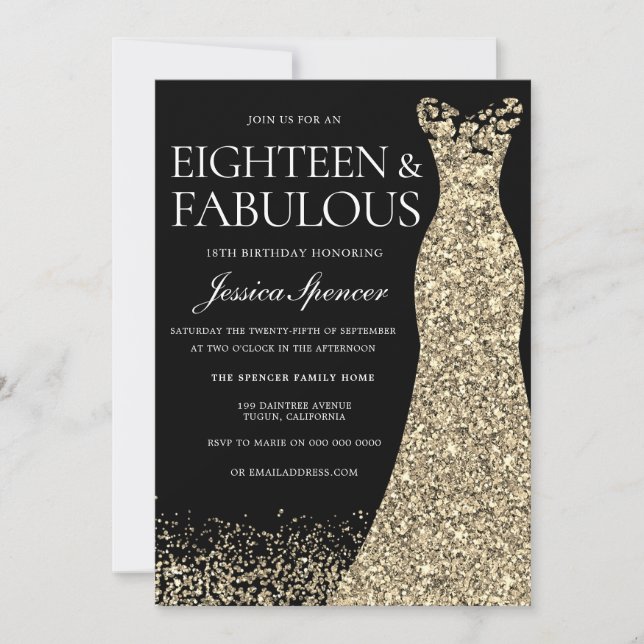 Black Golden Dress Womans 18th Birthday Party Invitation (Front)