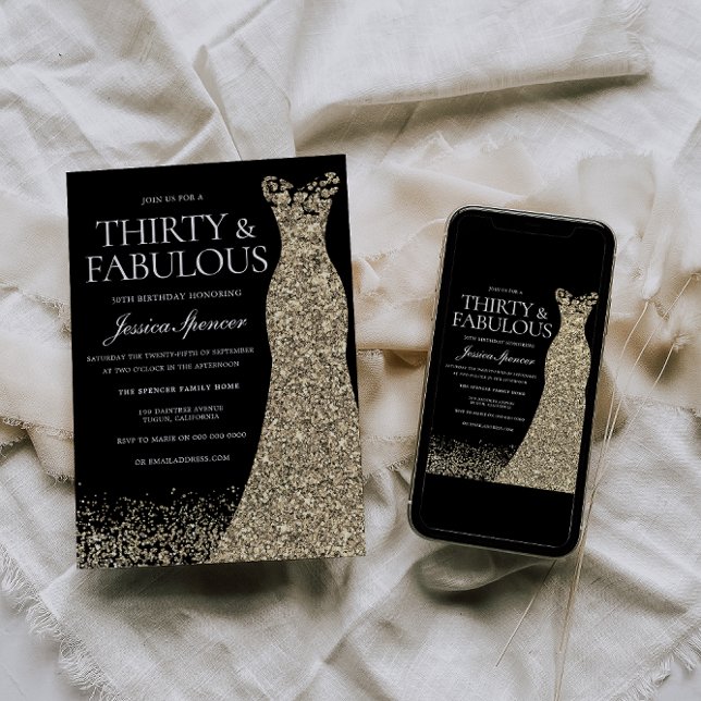 Black Golden Dress Womans 30th Birthday Party Invitation (Creator Uploaded)
