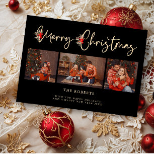 Black Golden Effect Merry Christmas Poinsettias