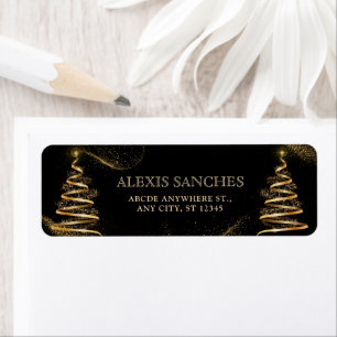 black golden elegant christmas tree sparkle return address label
