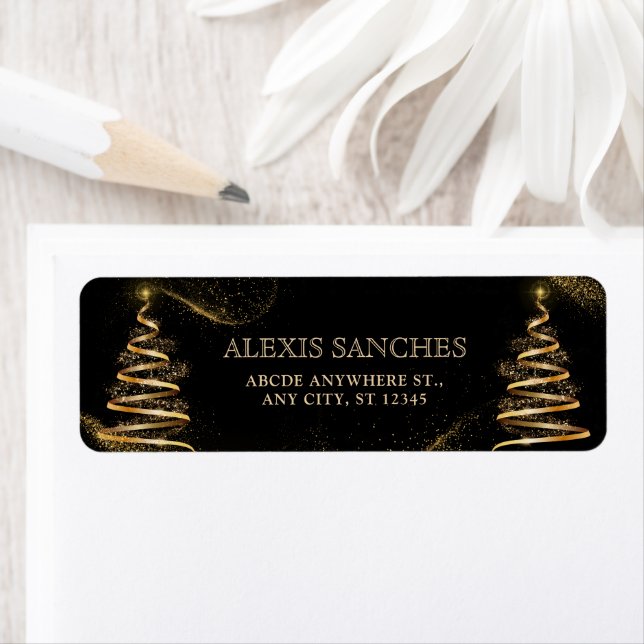 black golden elegant christmas tree sparkle  return address label (Insitu)