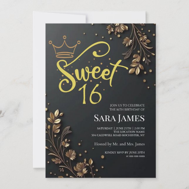 Black Golden Floral Sweet 16 Birthday Invitation (Front)