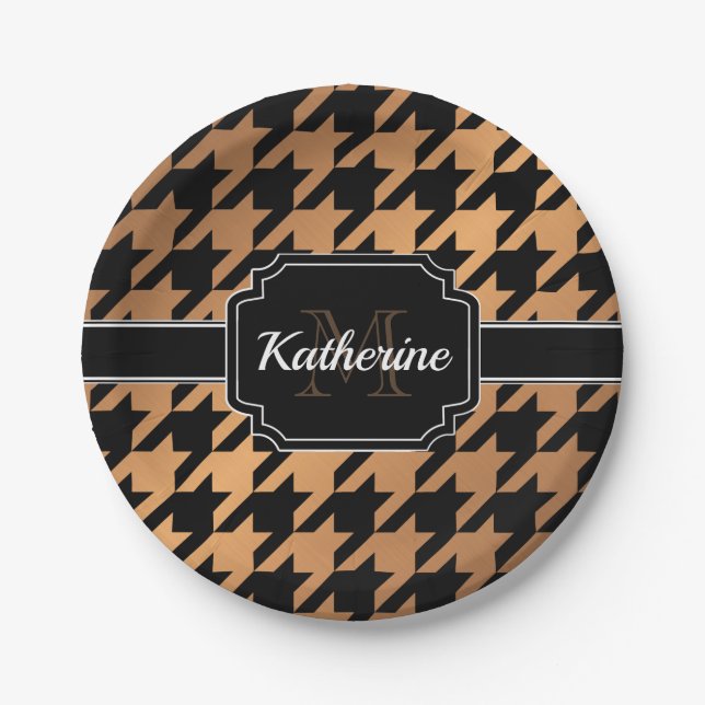 Black & Golden Houndstooth Paper Plate (Front)