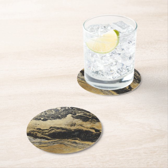 Black Golden Marble Pattern Round Paper Coaster (Insitu)