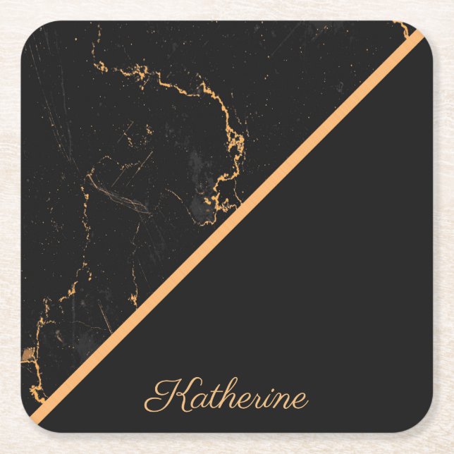 Black & Golden Marble Square Paper Coaster (Front)