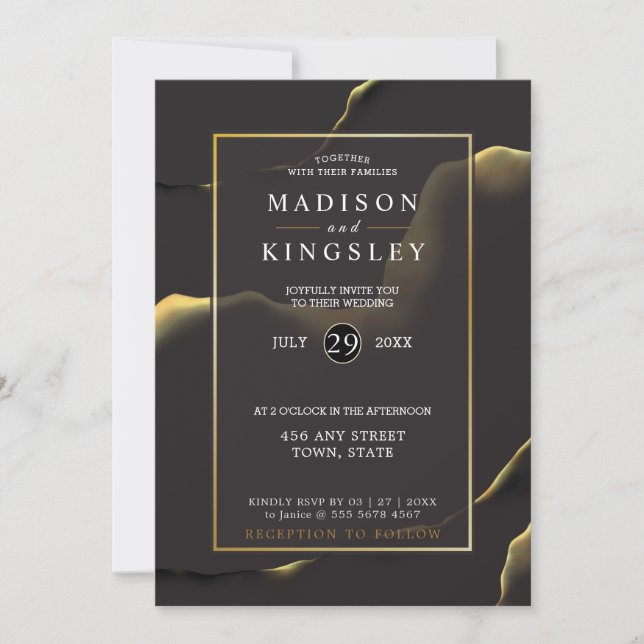 Black & Golden 💍 Modern Abstract Inky Oil Invitation (Front)