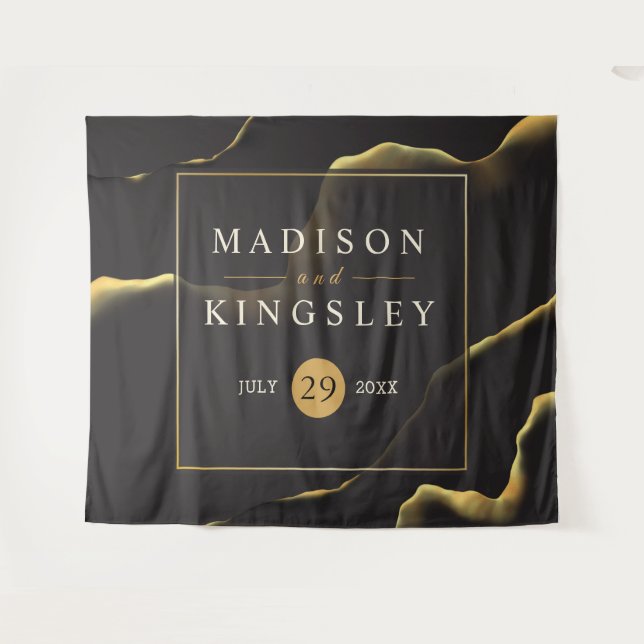 Black & Golden 💍 Modern Abstract Inky Oil Tapestry (Front (Horizontal))