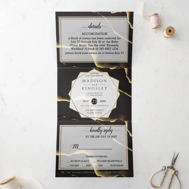 Black & Golden 💍 Modern Abstract Inky Oil Tri-Fold Invitation (Inside)