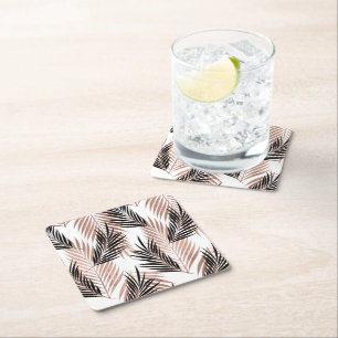 Black Golden Palm Leaf Tropical Tree Hawaiian Square Paper Coaster