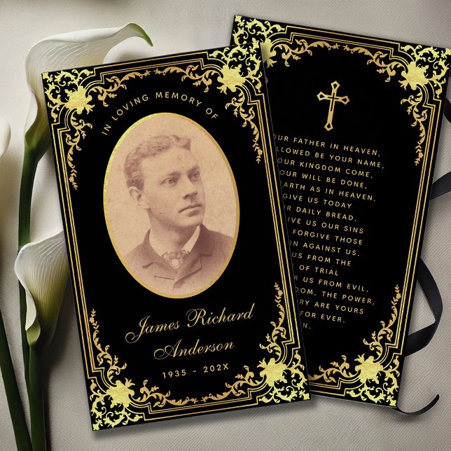 Black Golden Script Funeral Memorial Prayer Card (Creator Uploaded)