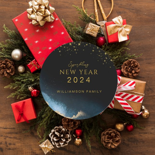 Black Golden | Watercolor Sparkling New Year  Classic Round Sticker (Creator Uploaded)