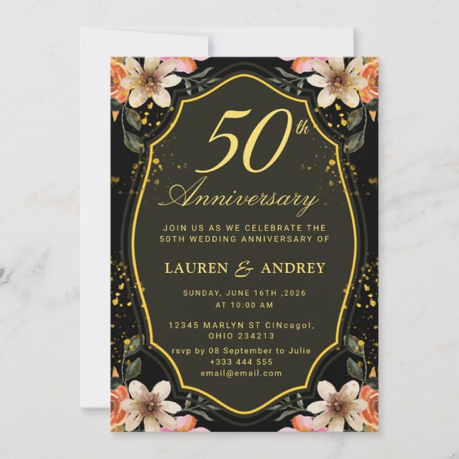 Black  Golden wedding Anniversary Invitation (Front)