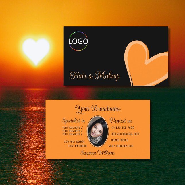 Black Gorgeous Orange Heart with Logo and Photo Business Card (Creator Uploaded)