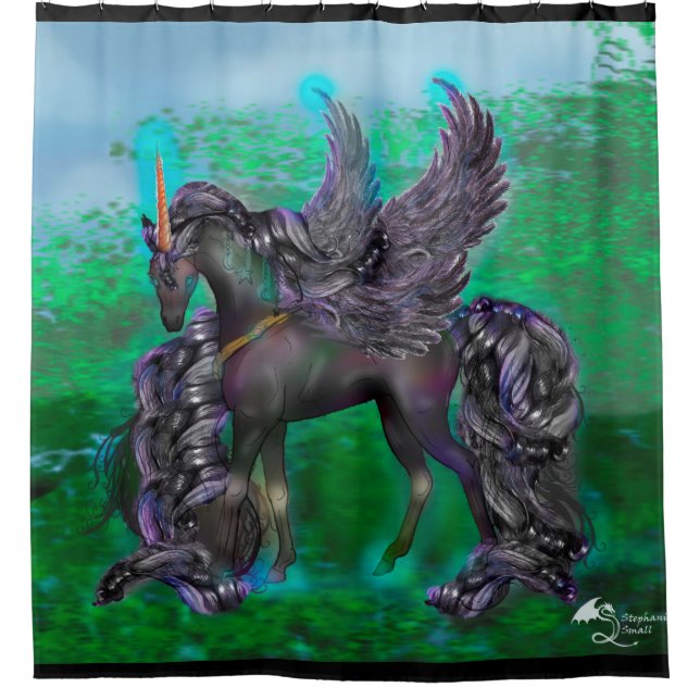 Black Goth Winged Unicorn in Forest Shower Curtain (Front)