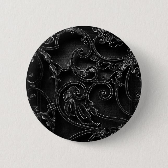 Black gothic baroque swirl pattern 6 cm round badge (Front)