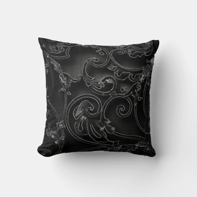 Black gothic baroque swirl pattern cushion (Front)