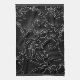 Black gothic baroque swirl pattern tea towel