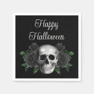 Black Gothic Black Floral Skull Halloween Napkin