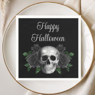 Black Gothic Black Floral Skull Halloween Napkin