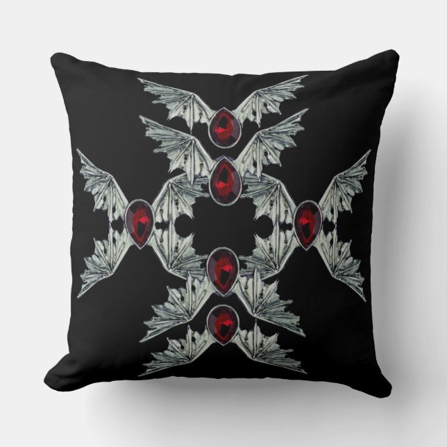 Black Gothic Blood Stone Bat Wings Throw Pillow (Front)
