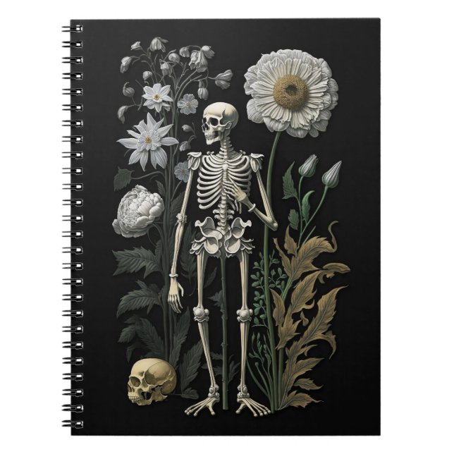 Black Gothic Floral Skeleton | Vintage Halloween Notebook (Front)