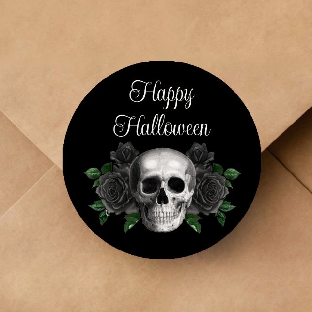 Black Gothic Floral Skull Halloween Classic Round Sticker (Black Gothic Floral Skull Halloween Classic Round Sticker)