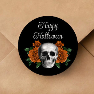 Black Gothic Floral Skull Halloween Classic Round Sticker