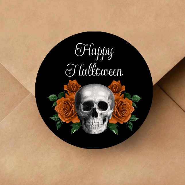 Black Gothic Floral Skull Halloween Classic Round Sticker (Black Gothic Floral Skull Halloween Classic Round Sticker)