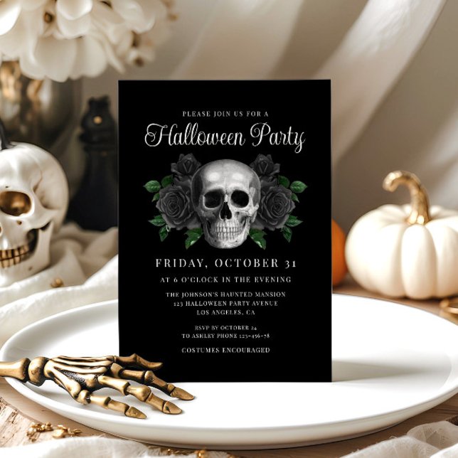 Black Gothic Floral Skull Halloween Invitation (Black Gothic Floral Skull Halloween Invitation)