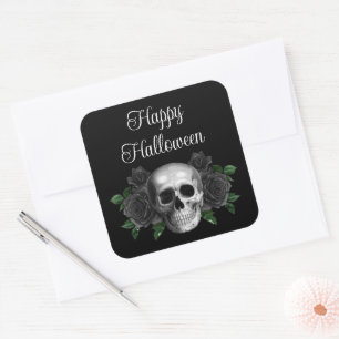 Black Gothic Floral Skull Halloween Square Sticker