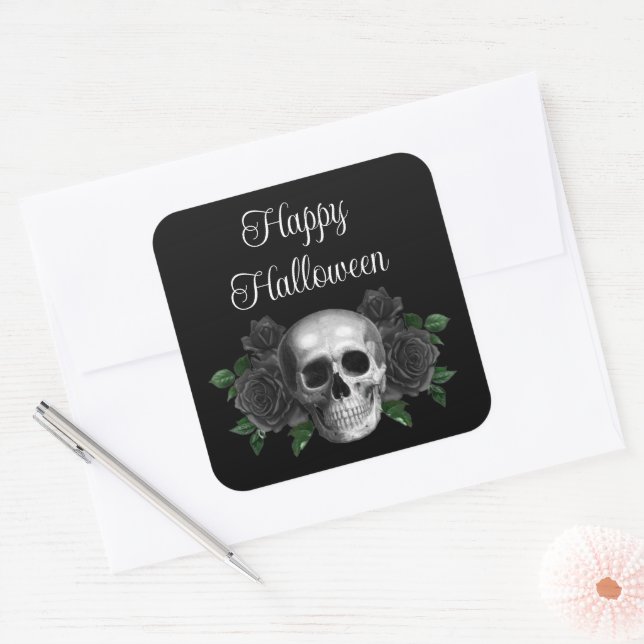 Black Gothic Floral Skull Halloween Square Sticker (Envelope)