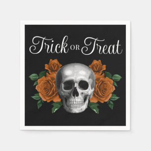 Black Gothic Floral Skull Trick Or Treat Halloween Napkin
