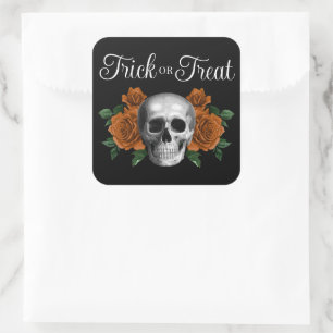 Black Gothic Floral Skull Trick Or Treat Halloween Square Sticker