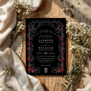 Black Gothic Gate Romance Elegant QR Code Wedding Invitation