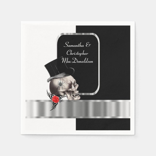 Black gothic groom skull wedding napkin (Front)