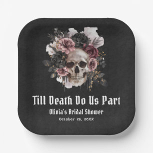 Black Gothic Halloween Floral Skull Bridal Shower Paper Plate