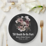 Black Gothic Halloween Floral Skull Bridal Shower Paper Plate<br><div class="desc">These Black Gothic Halloween Floral Skull Bridal Shower Paper Plates are the perfect combination of spooky and elegant. Featuring a striking floral skull design against a black background, these plates add a touch of gothic charm to any bridal shower. The dark floral accents and intricate details capture the essence of...</div>
