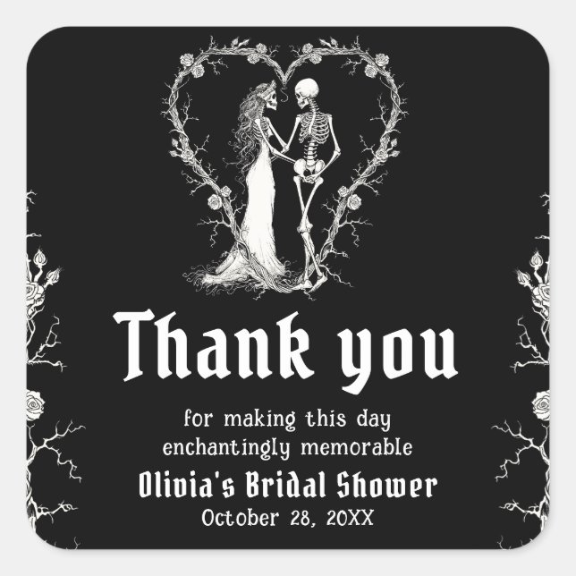 Black Gothic Halloween Skeleton Bridal Shower Square Sticker (Front)