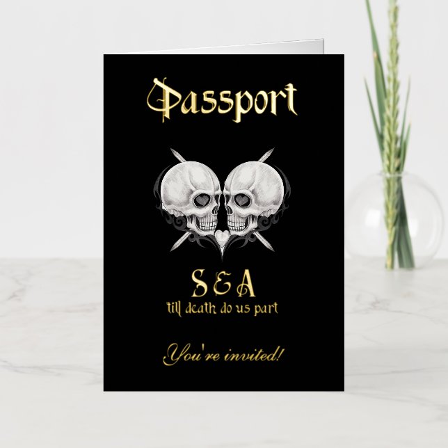 Black Gothic Skeleton Passport Wedding Invitation (Front)