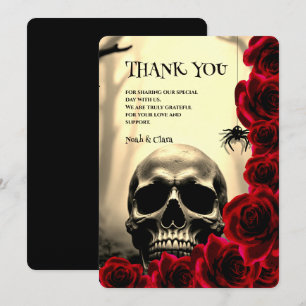 Black Gothic Skull and Red Roses Halloween Wedding Thank You Card