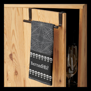 Black Gothic Skull and Spiderweb Name Design Tea Towel