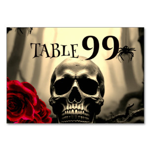 Black Gothic Skull Red Roses Spooky Halloween Table Number