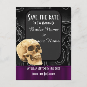 Black gothic skull save the date announcement postcard