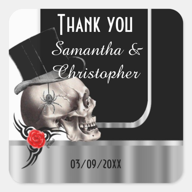 Black gothic skull wedding thank you square sticker (Front)