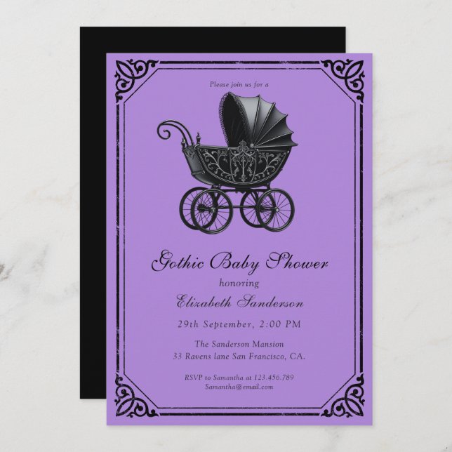 Black Gothic Stroller Baby Shower  Invitation (Front/Back)