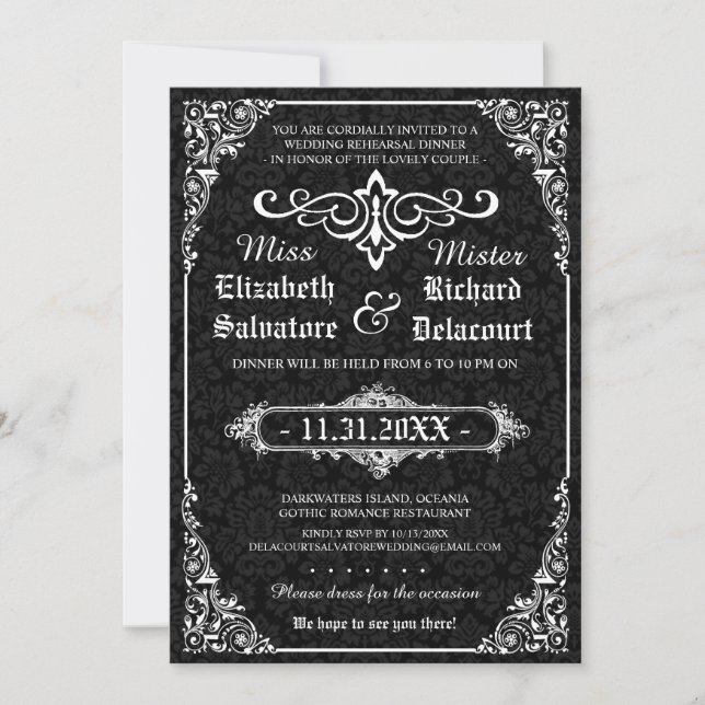 Black Gothic Victorian Damask Rehearsal Dinner Invitation (Front)