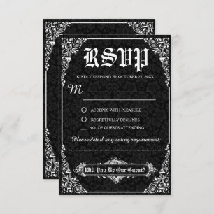 Black Gothic Victorian Damask Wedding RSVP Cards
