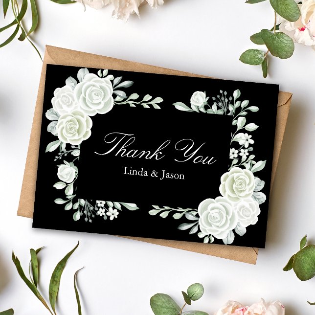 Black Gothic White Roses Wedding Thank You Cards (Creator Uploaded)